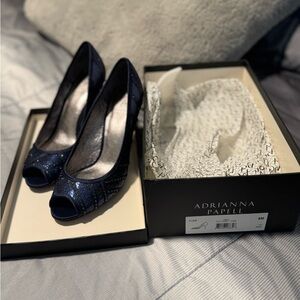 Adrianna Papell Navy Sequin Peep-Toe Pumps with Subtle Glitter